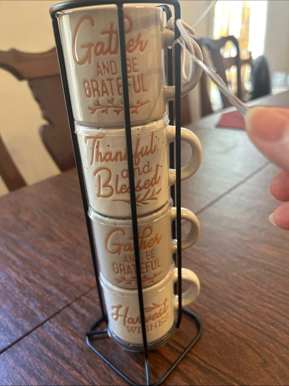 Hobby Lobby White Mugs with Gold Lettering - 4 Stackable Harvest Cups